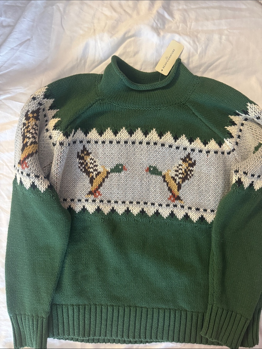 L.L. Bean Green Fair Isle Duck Turtleneck Sweater